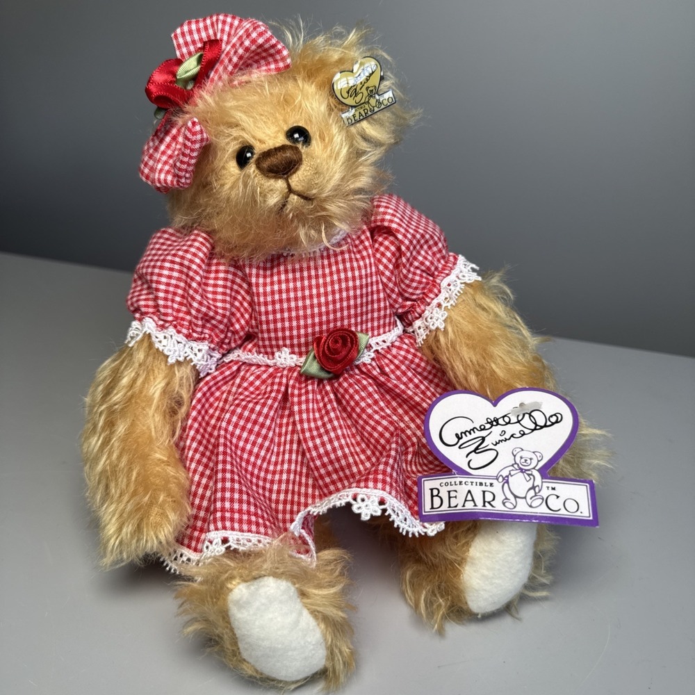 Annette Funicello Bear Co Plush Mohair Bear Red White Gingham Dress Vintage 10"